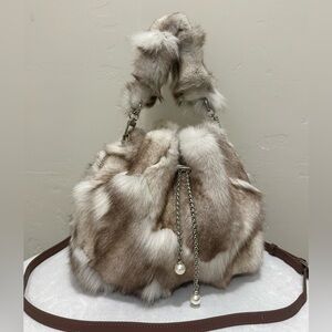 Gorgeous Real Fox Fur Handmade Drawstring Bucket Bag, Includes 2 Strap Styles